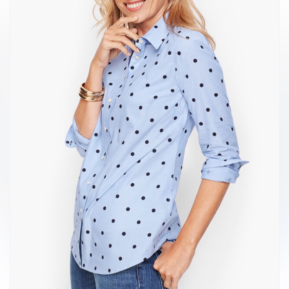 Talbots Light Blue Button-Down Shirt with Black Polka Dots